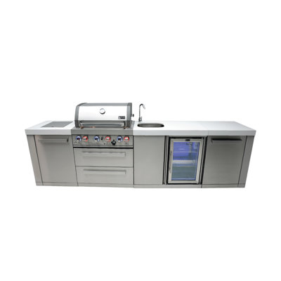 Îlot de cuisine d'extérieur en acier inoxydable de style l 82 po x P 23 po x H 46 po Mont Alpi avec brûleur latéral infrarouge + barbecue à 4 brûleurs de 32 po + brûleur arrière + comptoirs en granite blanc + armoires de rangement + tiroirs + convertible au gaz naturel + garantie à vie
