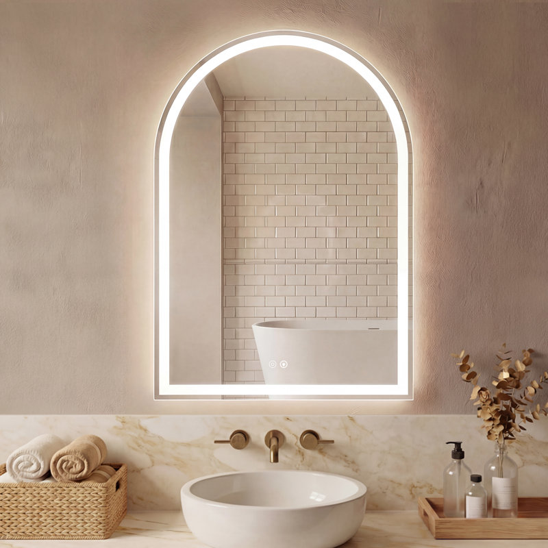 Wall-Mounted Arched Mirror LED Anti-Fog Bathroom Mirror, Adjustable Brightness and Color Temperature Vanity Mirror