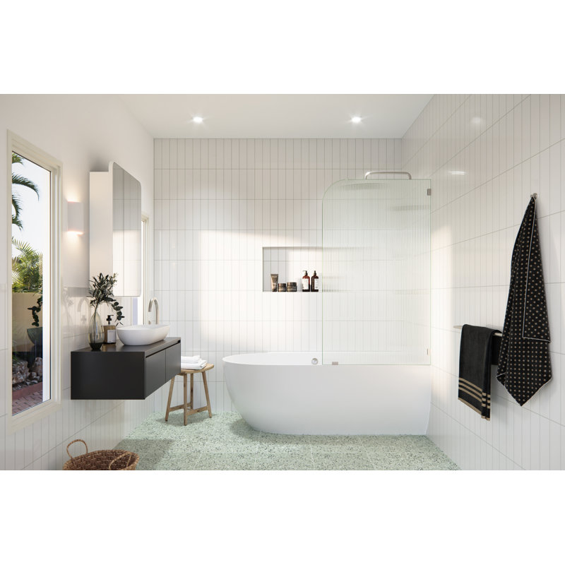 Aurora 34 in. x 58.25 in. Frameless Fluted Radius Single Fixed Bath Panel, Brushed Nickel, Right Hand, null