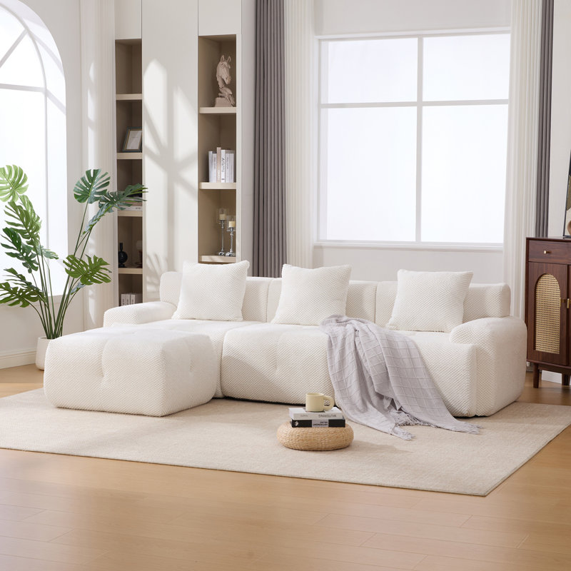 Ensemble de canapé modulaire rembourré en L de 104,3 po 4 pièces, surdimensionné à 3 places avec canapé-lit capitonné et désossé, avec siège profond et repose-pieds mobile, 3 coussins pour le salon, sans assemblage, ivoire