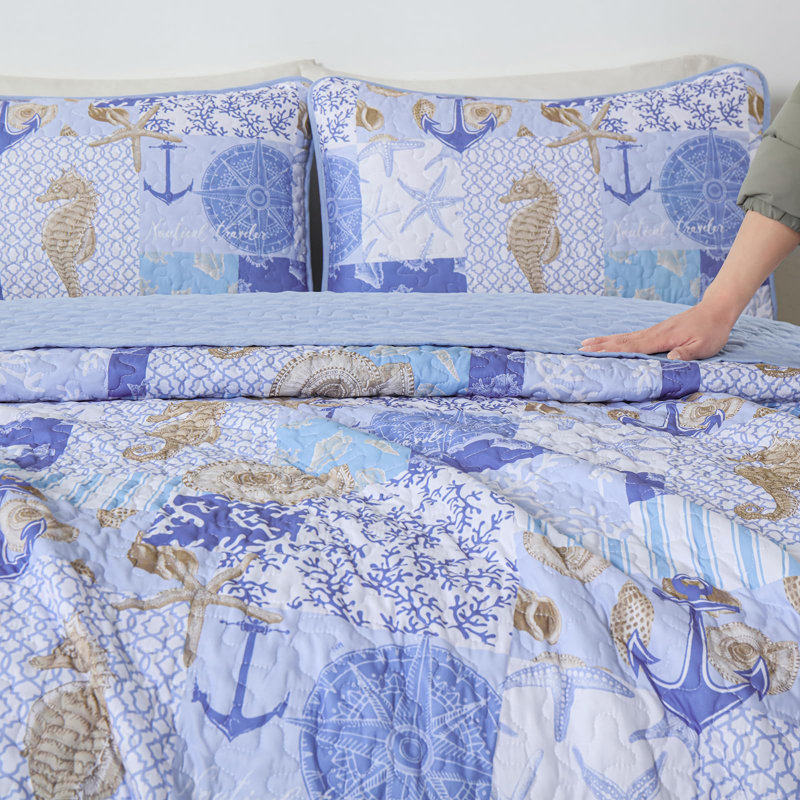 Ensemble de courtepointe 3 pièces nautique réversible avec taies d'oreiller, couvre-lit léger en patchwork, literie en microfibre toutes saisons respirante