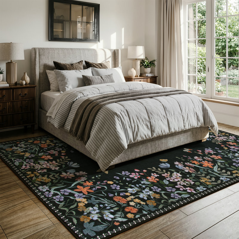     Tapis floral noir lavable 8 x 10 avec envers antidérapant Floral, Rectangulaire 8 pi x 10 pi