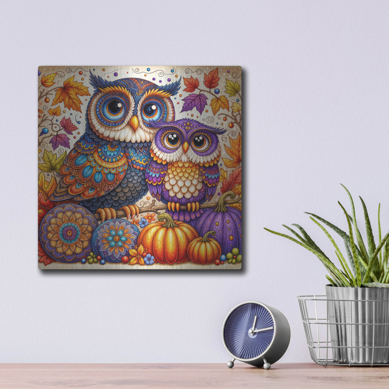  «Two Owls Fall Thème 3» par Rey Klimt, art mural en métal, 12 po x 12 po