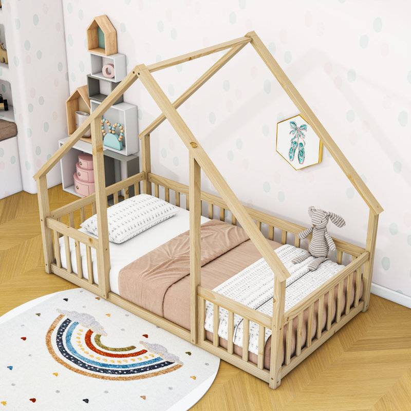 Wood House-Shaped Floor Bed With Guardrails, Natural, Twin