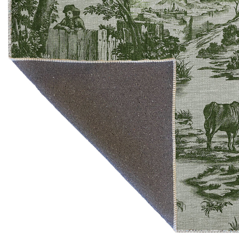 Tapis vert et beige à motif de village et de forêt, Rectangle 2 pi 7 po x 4 pi 11 po