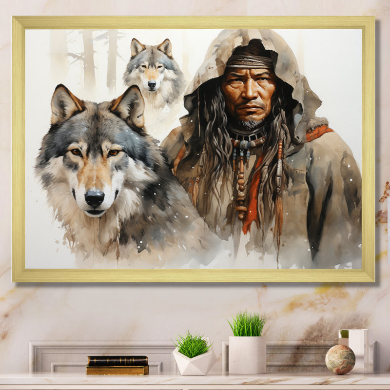Native Art Spirits Of Wolf Framed On Canvas Print, H 12 po x l 20 po x P 1 po, Cadre doré à une seule photo