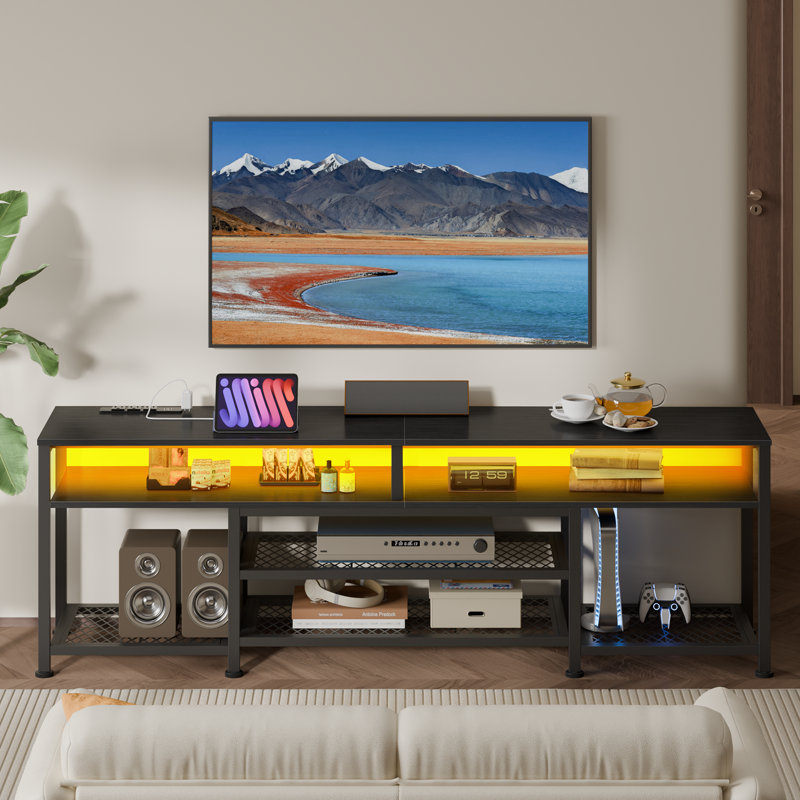 Meuble télé moderne pour téléviseur, console multimédia avec rangement pour le salon, centre de divertissement à DEL avec prises de courant
