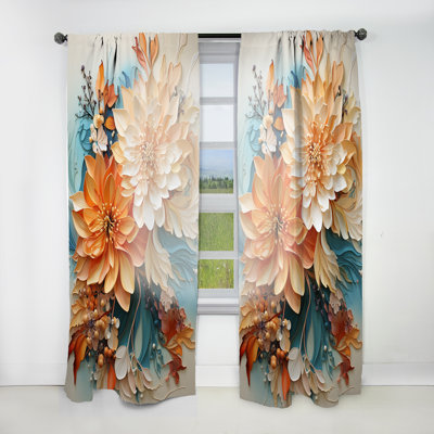 Orange Teal Botanical Whirlwind I - Modern Curtain - Velvet Room Darkening - 1 panel