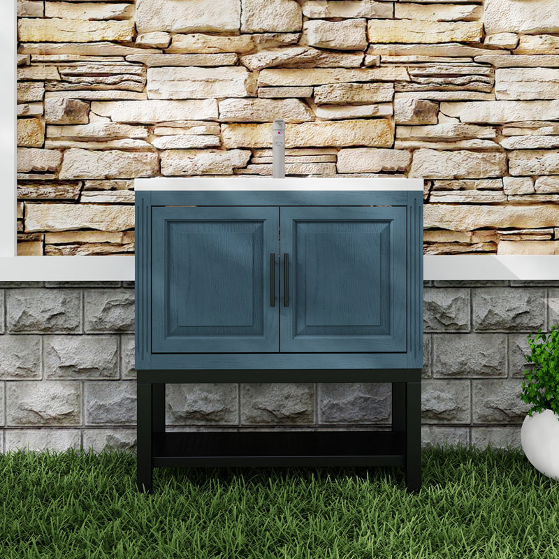  Meuble-lavabo autoportant avec rangement et tablette ouverte 32 po, bleu, Bleu