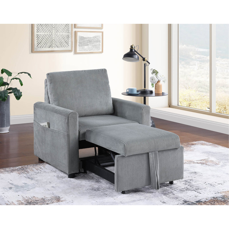 Oswin 32.5"W Grey Corduroy Armchair With Pull-Out Chaise And Side Pocket