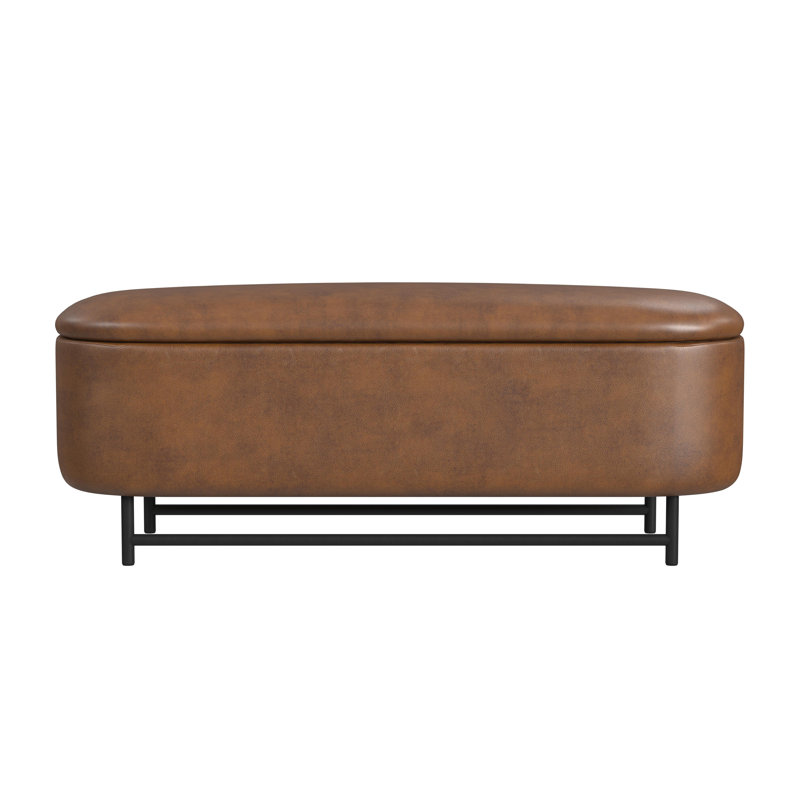 Brown Faux Leather Ellipse Storage Bench with Metal Legs