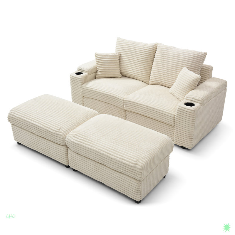 Causeuse avec repose-pieds, canapé modulaire en tissu Corduroy, Crème, crème