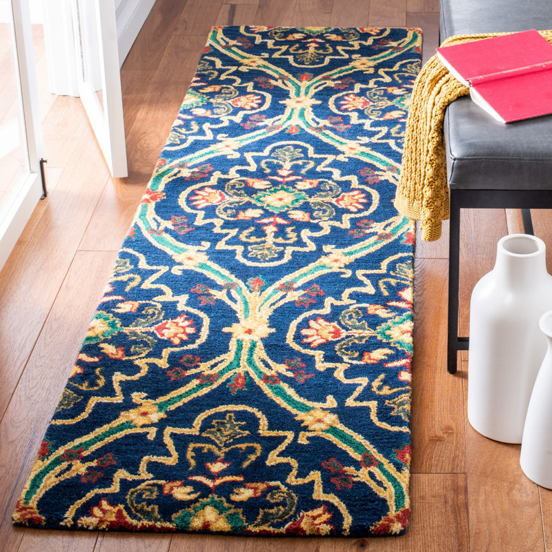 Drihmi Hand Tufted Wool/Cotton Geometric Rug in Green/Navy/Yellow, Runner 2'3" x 8'