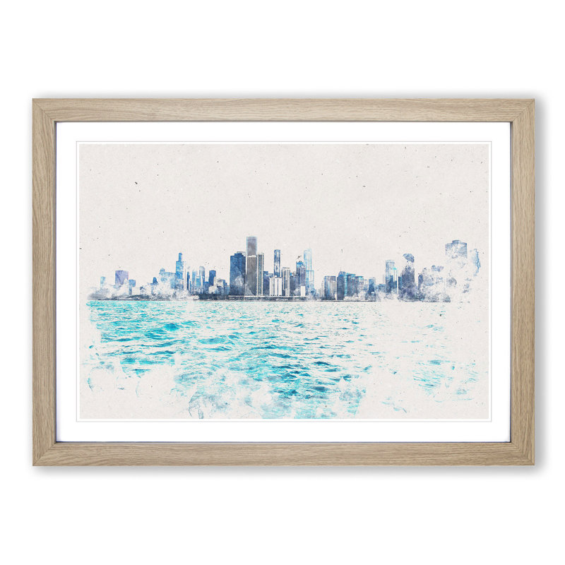 Cloudy Day In Chicago Illinois - Single Picture Frame Painting on MDF, 40cm H x 60cm W x 2cm D, Oak Framed