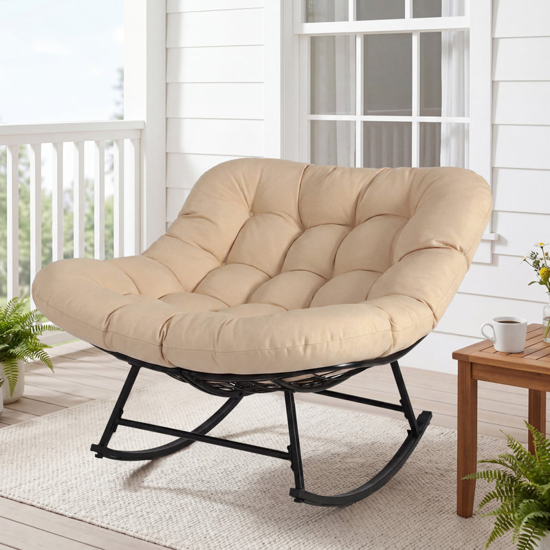 Chaise berçante moderne en osier moderne avec coussin ergonomique épais et base en acier robuste (kaki), Beige