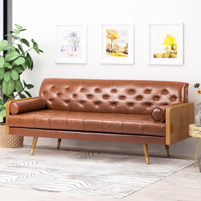 Brown With Mid-Century Modern Design, Rolled Accent Pillows, 30.5"D X 72.61"W 31.85"H, Pu Upholstery, Splayed Legs Back And Seat, Gold Tips