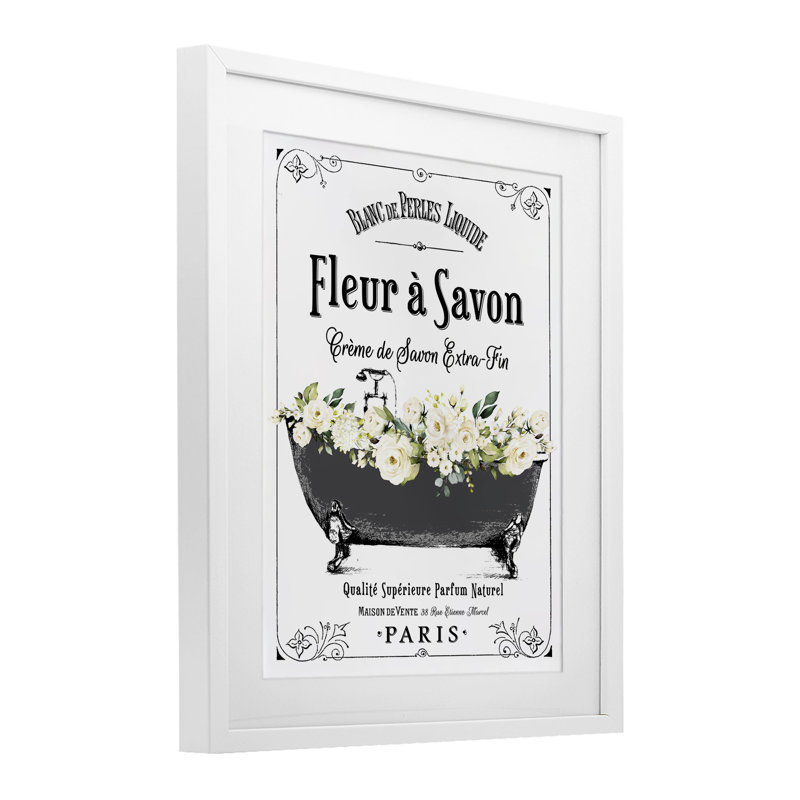 «French Flower Bathaign», reproduction encadrée sous verre, avec lettres et doublure, H 16 po x l 13 po, Cadre blanc côtier
