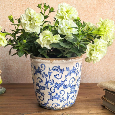 Blue Vintage Ceramic Plant Pot With Drainage Mesh & Tray