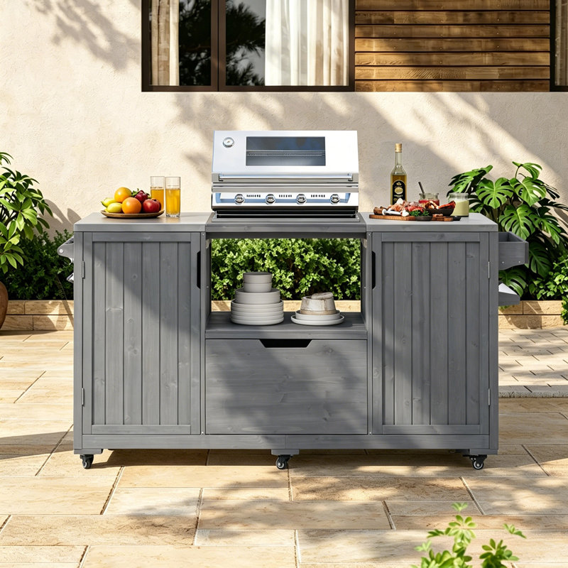 Outdoor Kitchen Island, Solid Rolling Bar Cart with Stainless Steel Top & Storage Cabinet Drawer for Large Big Green Egg, Kamado Joe