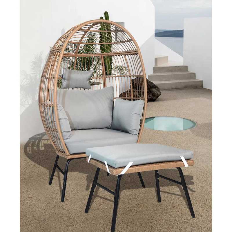 Fauteuil à œufs pour patio avec coussins - capacité de 400 livres, support lombaire inclus, PE, coussin en tissu épais, bleu neutre, sièges 2, tabouret de style européen moderne