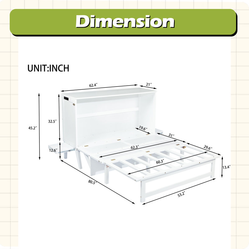 Grand lit escamotable avec port USB et tablettes amovibles de chaque côté, Grand lit, Blanc