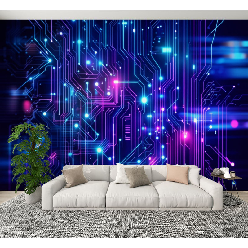 Papier peint adhésif futuriste néon brillant bleu mauve technologie L 69 po x l 96 po, papier peint amovible en PVC pour mur de salle de jeux pour garçons Bureau à domicile