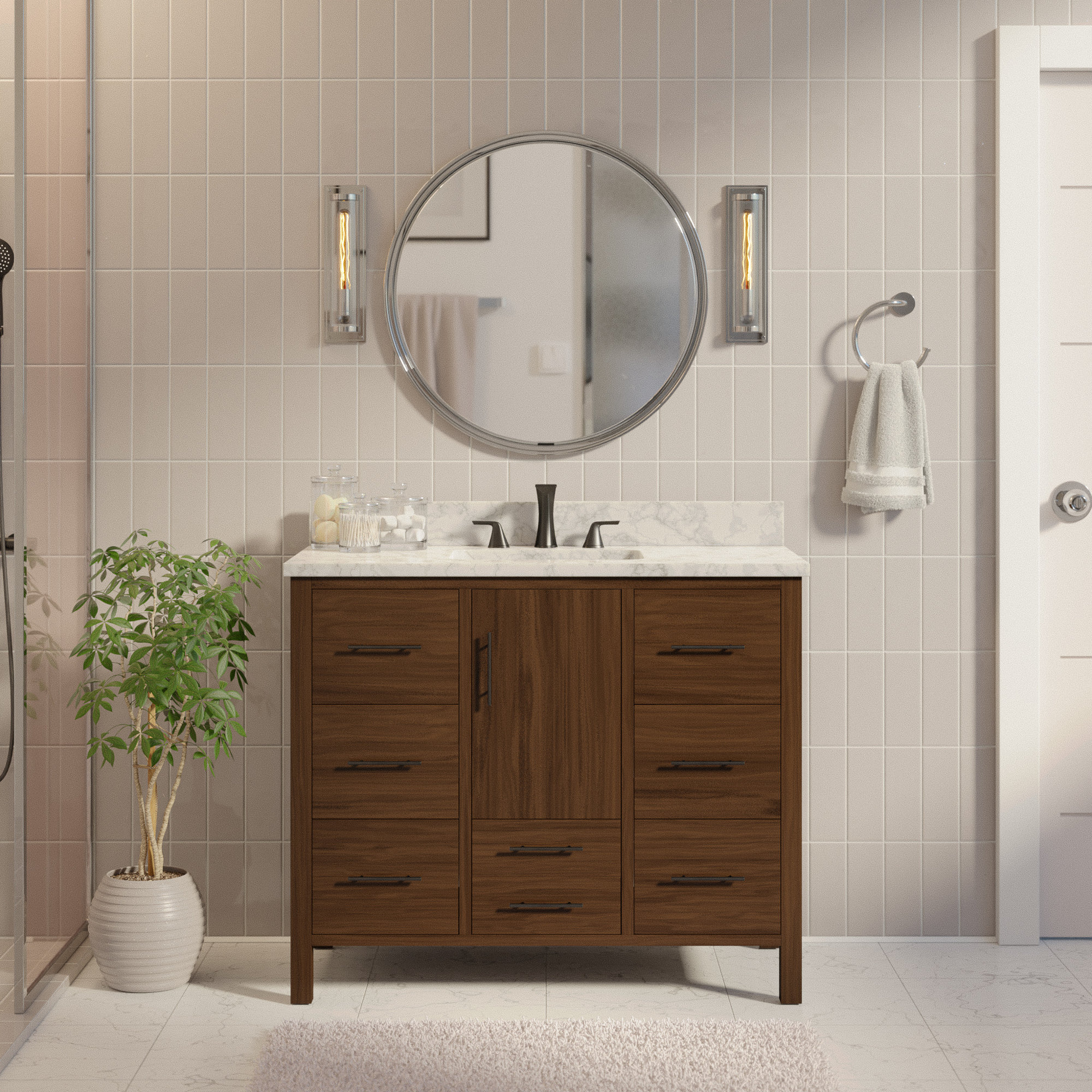 Kiara 42'' Single Bathroom Vanity, Walnut, Carrara Marble
