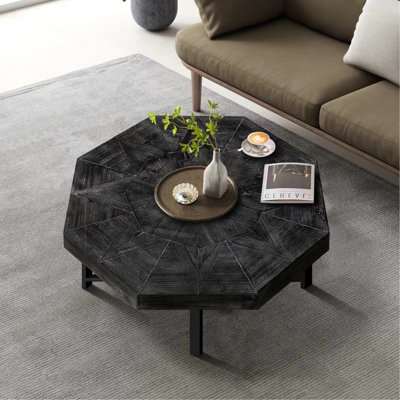 Living Room Furniture, Antique Black Octagonal Wood Coffee Table With Metal Decor, Table, And