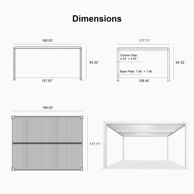 Aluminum Pergola with Roller Shade, 1 Long Side and 2 Short Side, 14' x 10', White