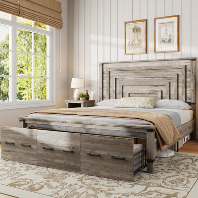 Farmhouse Wood Platform King Bed Frame with 54" Tall Geometric Headboard & Footboard, Gray