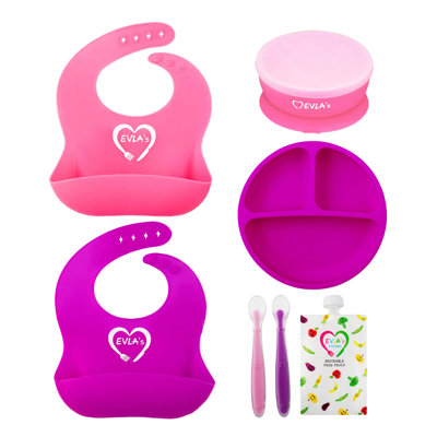 Evla's Baby Feeding Set, Baby Led Weaning Supplies, Adjustable Silicone Bibs, Divided Plate, Suction Bowl With Lid, Soft Spoons For Babies Or Toddlers