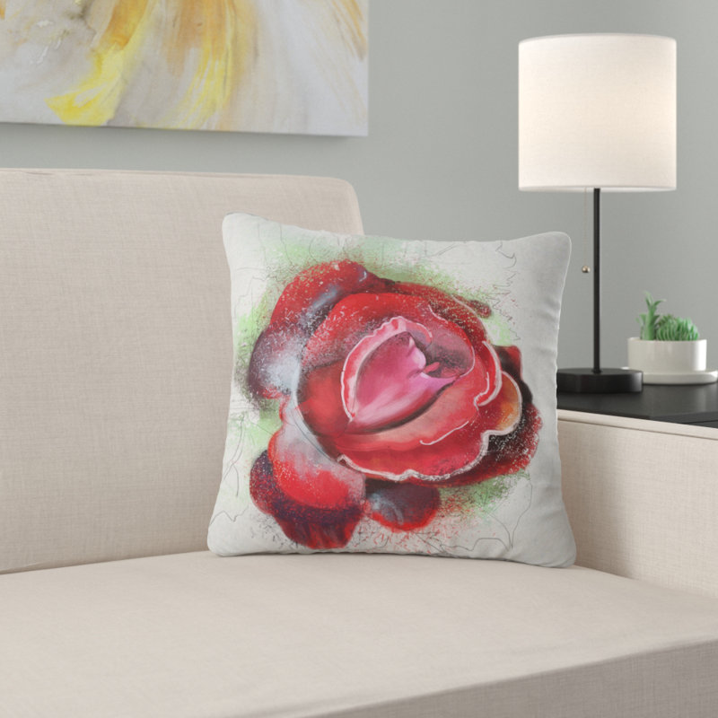 Magnifique rose rouge avec abat-jour vert - coussin à imprimé floral, 16 po x 1 po, Coussin décoratif