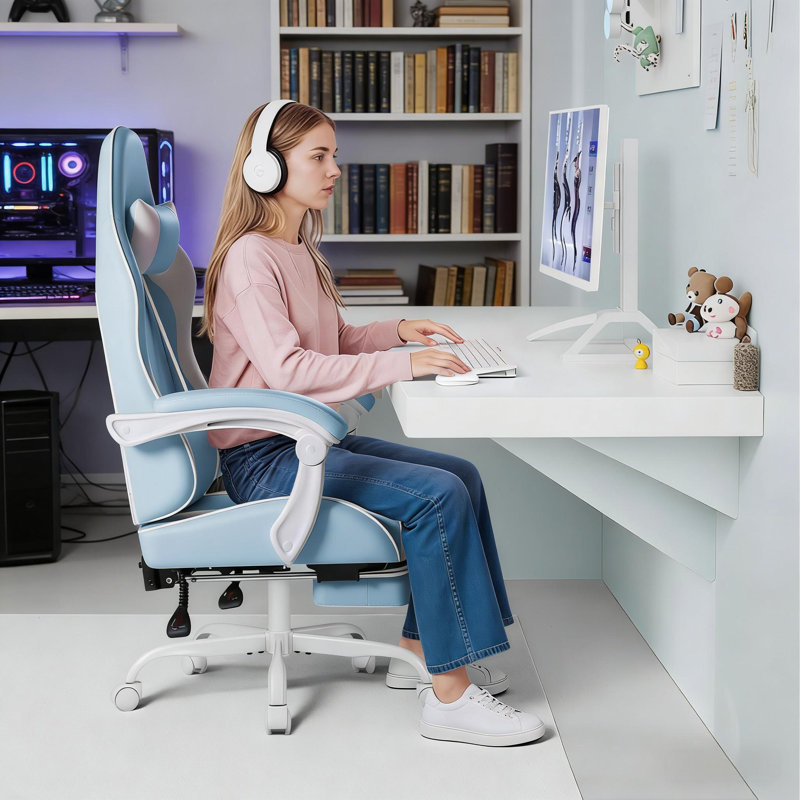 Gaming Chair, Computer Chair With Footrest, Blue