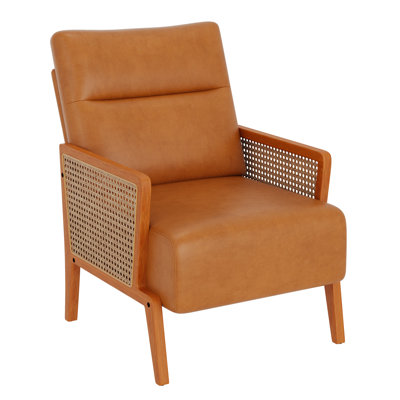 Upholstered Accent Chair With Rattan Arms And Solid Wood Legs