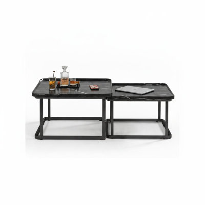 Set of 2 Nesting Coffee Tables, Square Faux Marble Stacking End Tables with Sturdy Metal Frame, Modern Nesting Side Tables for Living Room, Small Space Saving Accent Furniture