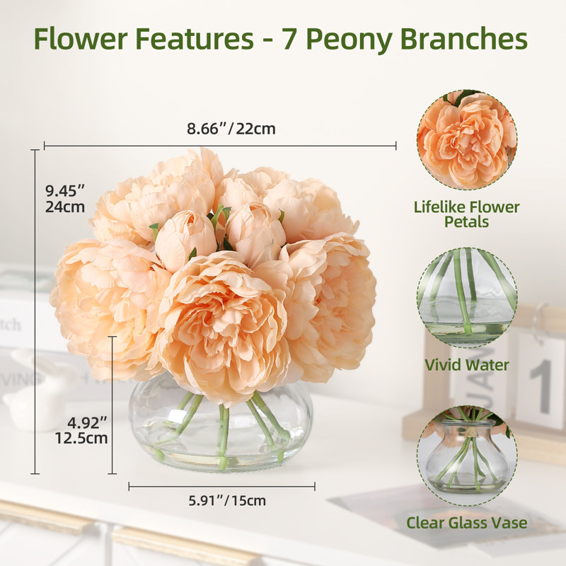 Pivoines artificielles élégantes au toucher véritable dans un vase en verre, Orange
