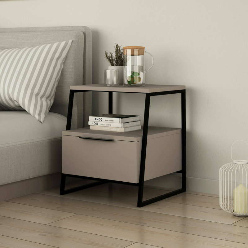 Aires Modern Bedside Table | 45 x 40 x 50 cm | Drop Door Cabinet with Metal Frame, Retro Grey