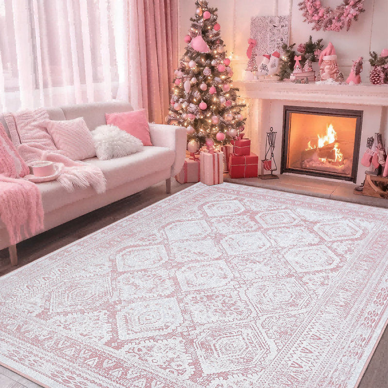 Tapis rose rétro antidérapant lavable à la machine, Rectangle 5 pi x 7 pi