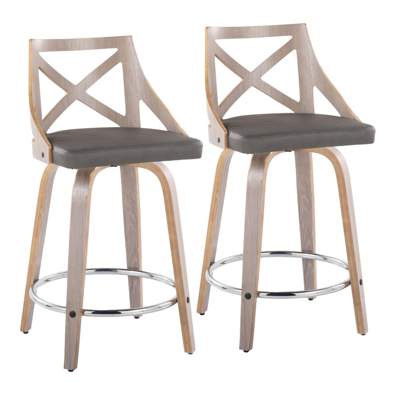 Capuano Fixed-Height Stool With Bent Wood Legs & Round Footrest - Set Of 2, Light Gray/Chrome, Gray