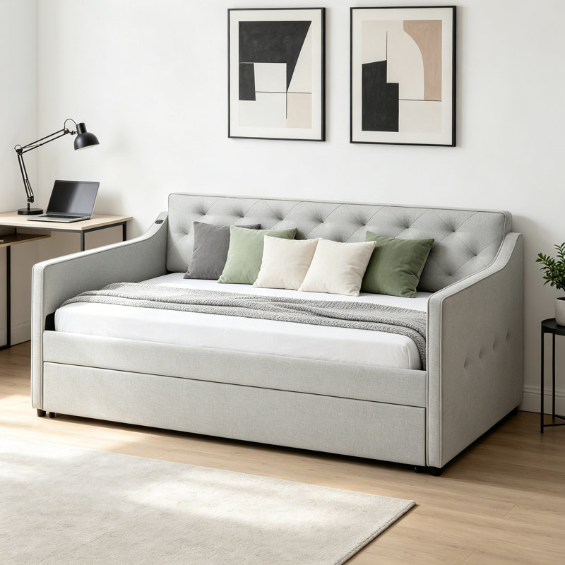 Lit de jour simple tapissier en lin moderne avec lit gigogne escamotable moderne, avec station de charge, Beige