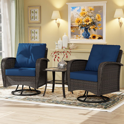 3-Piece PE Wicker Patio Conversation Set, 2 Swivel Chairs & Side Table with Blue Cushions