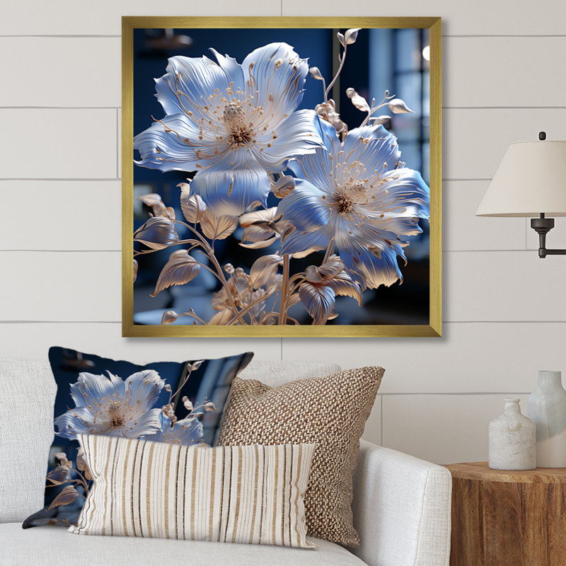 Céleste harmonie florale sur toile, H 16 po x l 16 po x P 1 po, Cadre doré simple