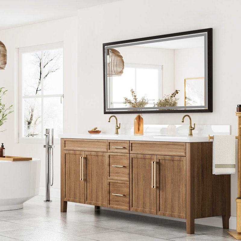 Miroir mural multifonctionnel en aluminium pour salle de bain, miroirs vatiny avec cadre en aluminium, couleur bois brun