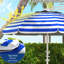 Parasol portatif de 40 ans et plus, système réglable et inclinable, auvent protégé, 2 crochets pour porte-gobelets, rayure bleue et blanche ventilée en hauteur et inclinable, protection, abat-jour