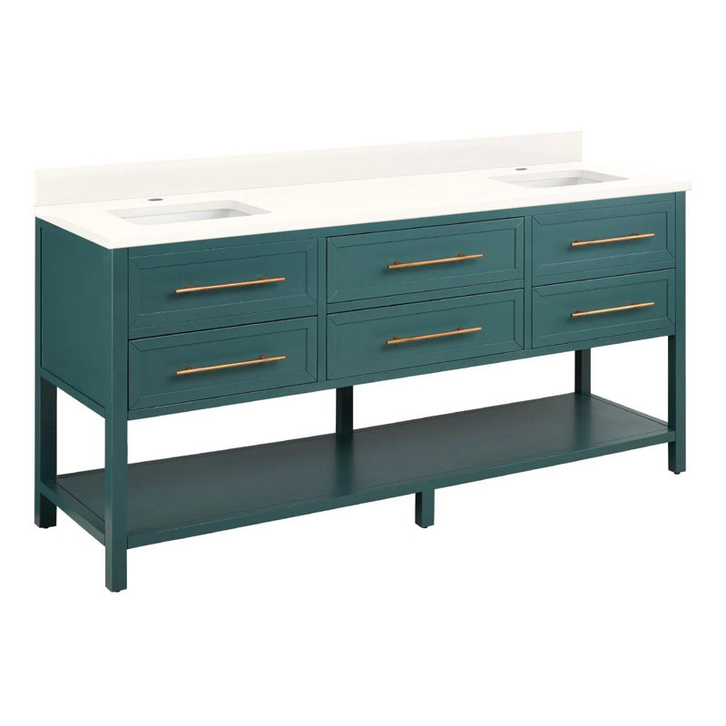 72" Robertson Double Bathroom Vanity Set with Rectangular Undermount Sinks, Single Hole, Feathered White Quartz, White
