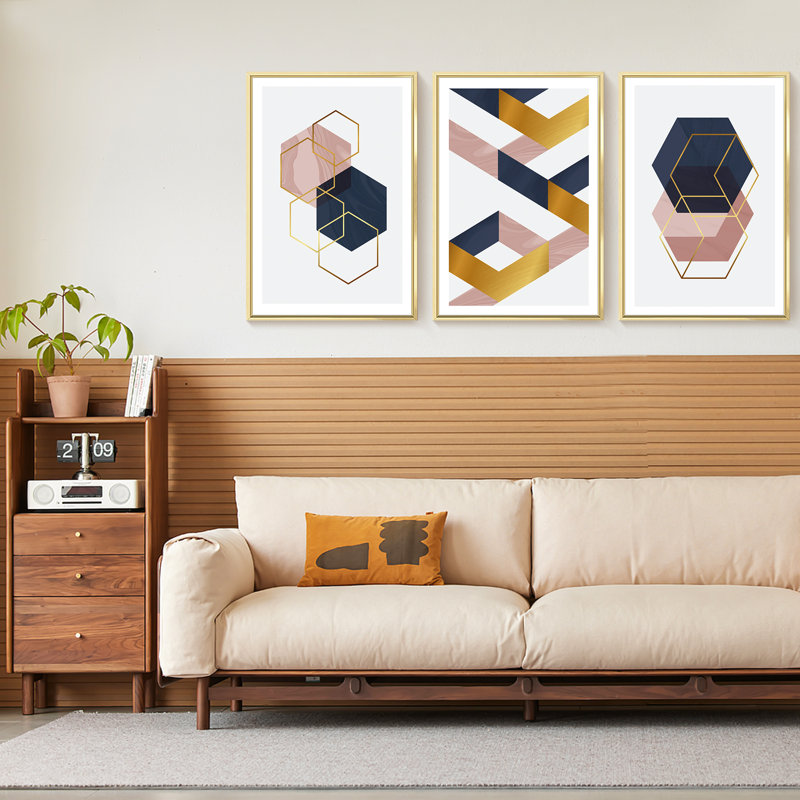 Abstrait moderne - ensemble de 3 reproductions de photos sur toile, H 24 po x l 48 po x P 1,5 po, Or