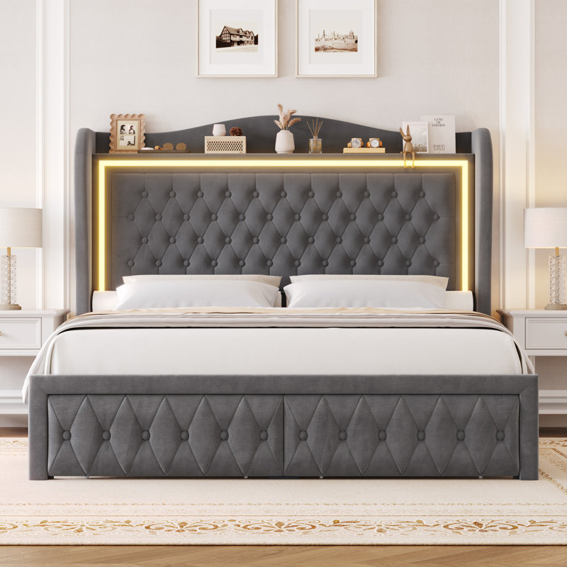 Lit plateforme tapissier en velours avec éclairage DEL et tiroirs de rangement Kaliya , Très grand lit, Gris