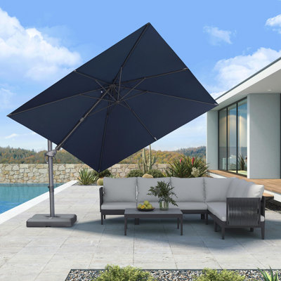 Parasol carré en aluminium 10 pi x 10 pi carré en aluminium décalé bleu marine avec 3 ans de tissu recyclé résistant à la décoloration
