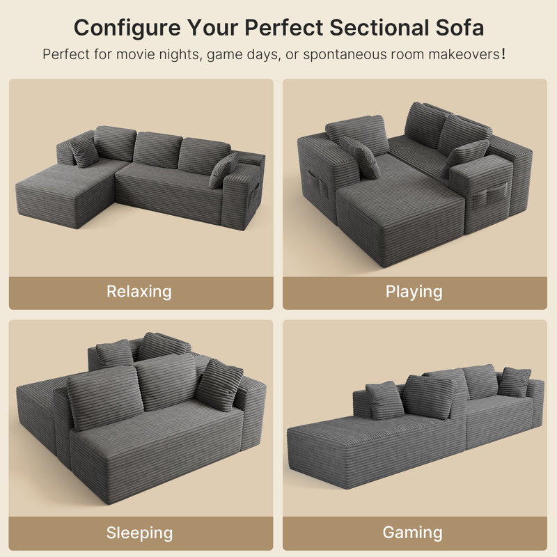 L-shaped movable sofa, no installation required, Ergonomically designed chair with corduroy fabric, Side storage pockets, and 32D High-Resilience Sponge