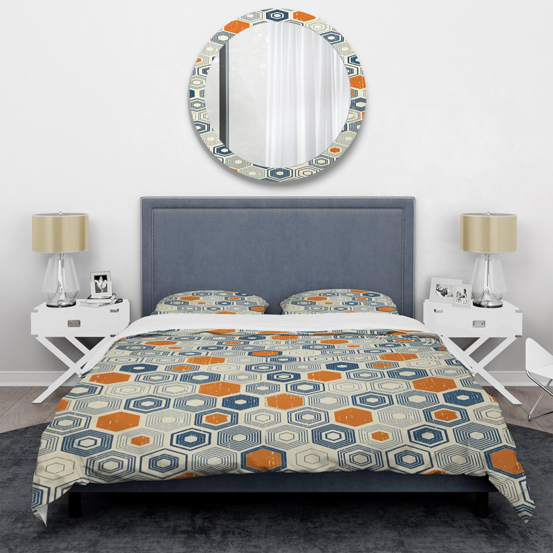 Ensemble de housse de couette rétro hexagonal ix mid-century, Housse de couette très grand + 2 taies décoratives